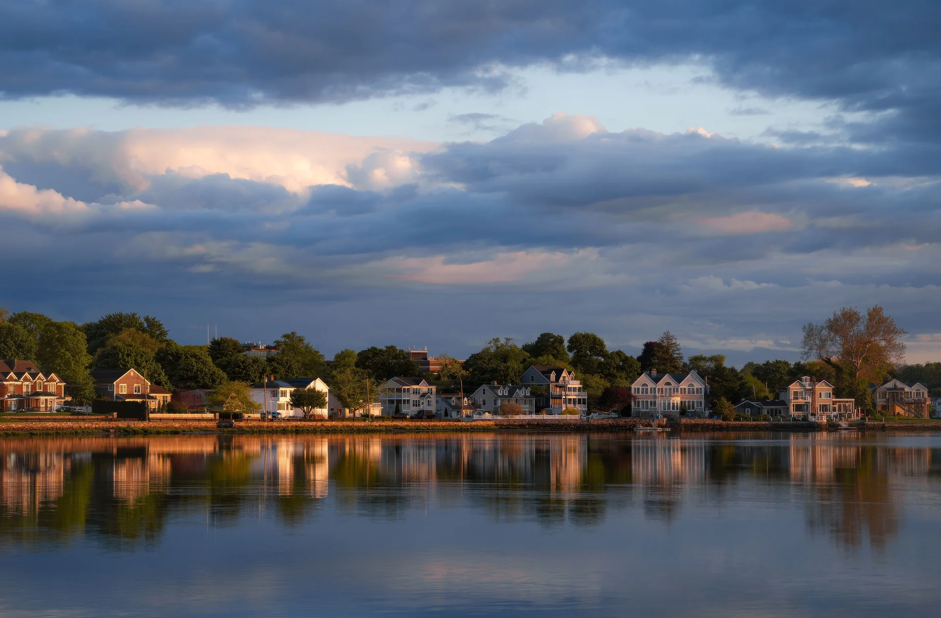 Waterfront homes at dusk