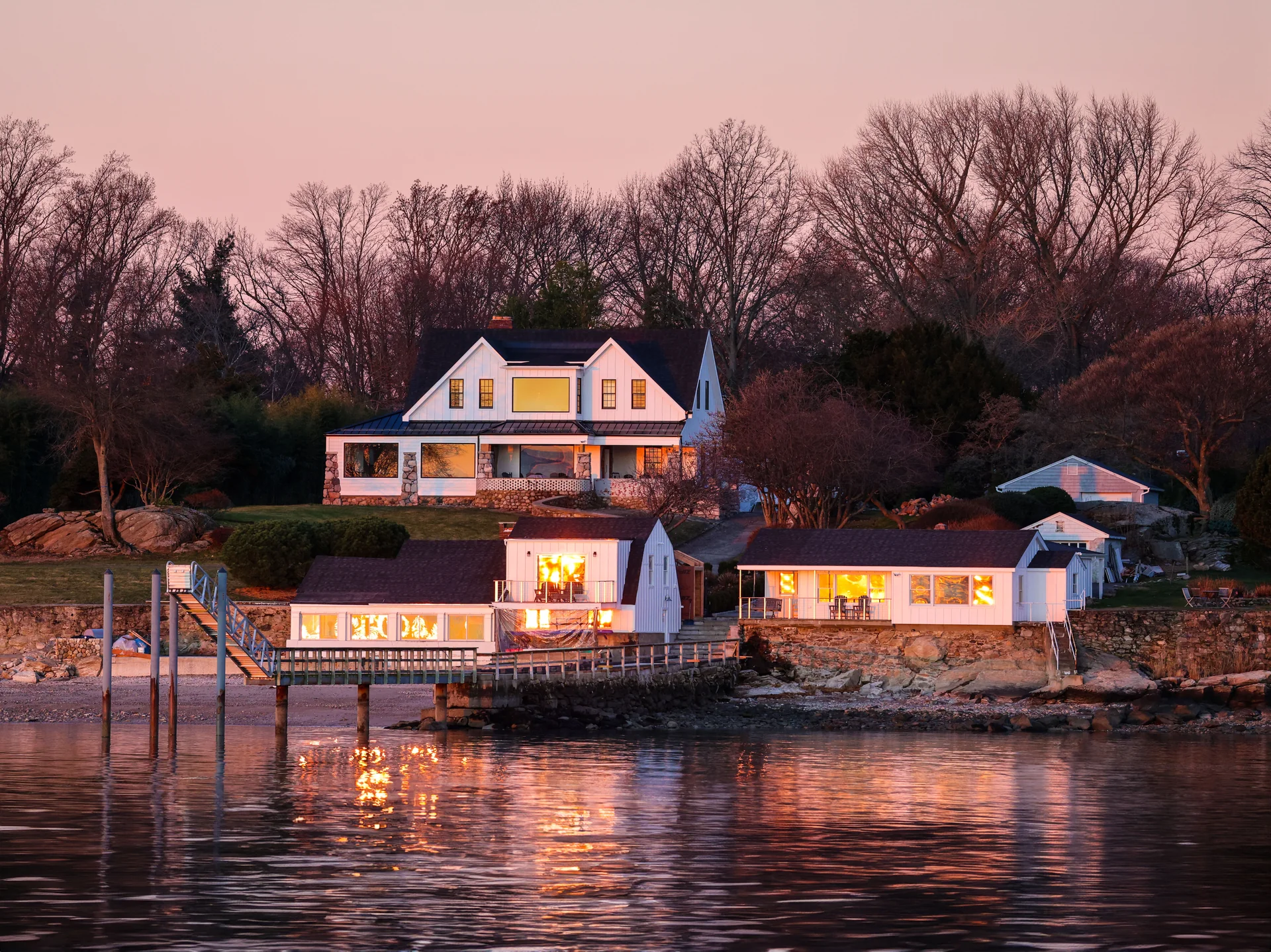 Waterfront home at sunset